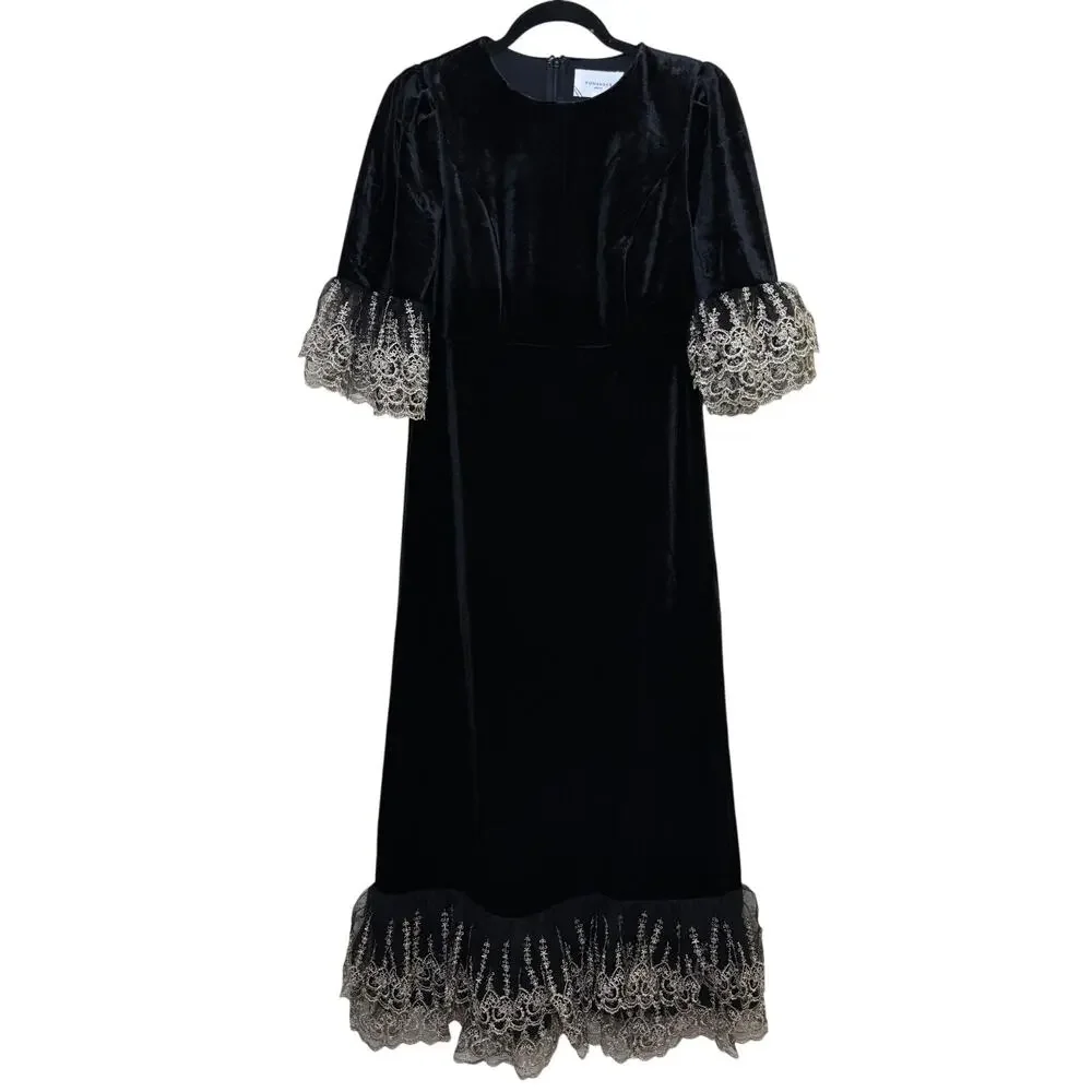 NEW Tuckernuck Pomander Place Black Velvet Lillith Dress Maxi Lace Small $228 - Picture 2 of 4